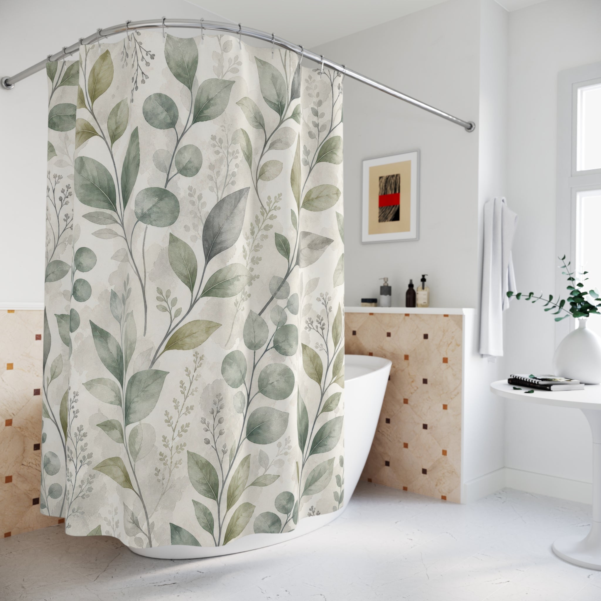 Sage Green Leaf Botanical Eucalyptus Gray Calm Shower Curtain
