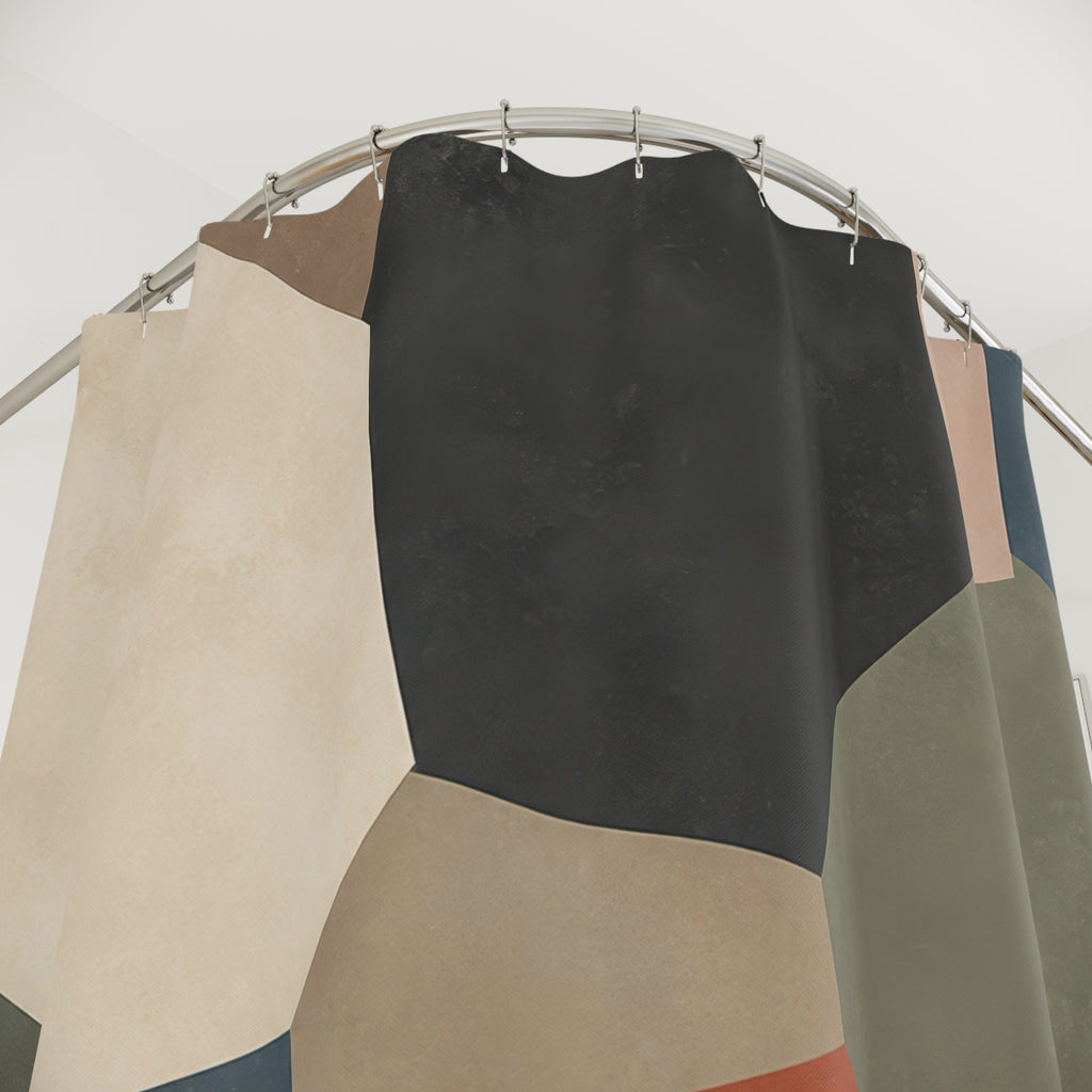 Terracotta mineral patchwork slabs shower curtain with close-up print, hooks, and folds