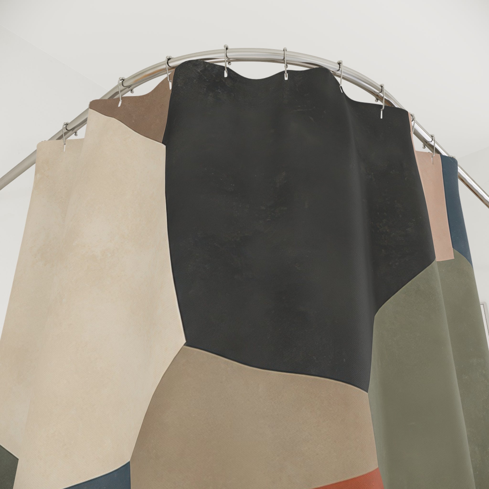 Terracotta mineral patchwork slabs shower curtain with close-up print, hooks, and folds