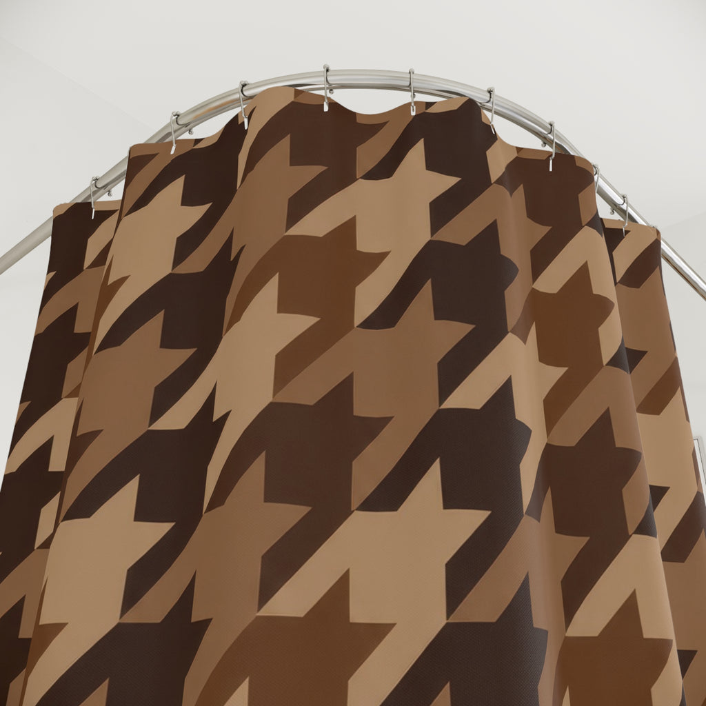 Chocolate, caramel and tan houndstooth checks shower curtain with close-up print, hooks, and folds
