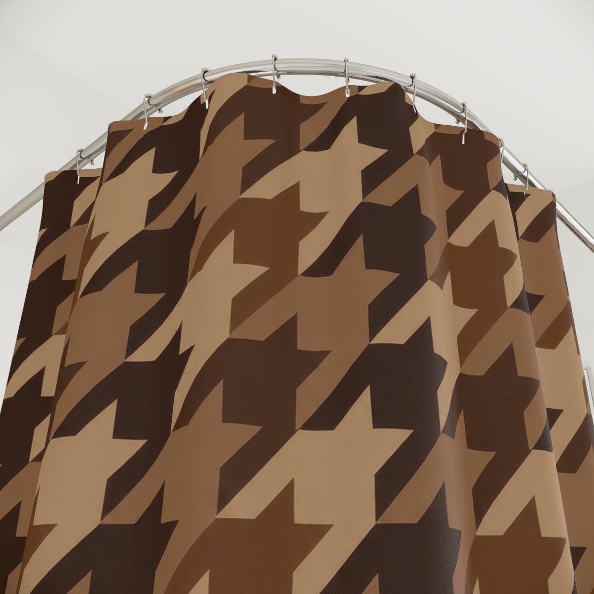 Chocolate, caramel and tan houndstooth checks shower curtain with close-up print, hooks, and folds