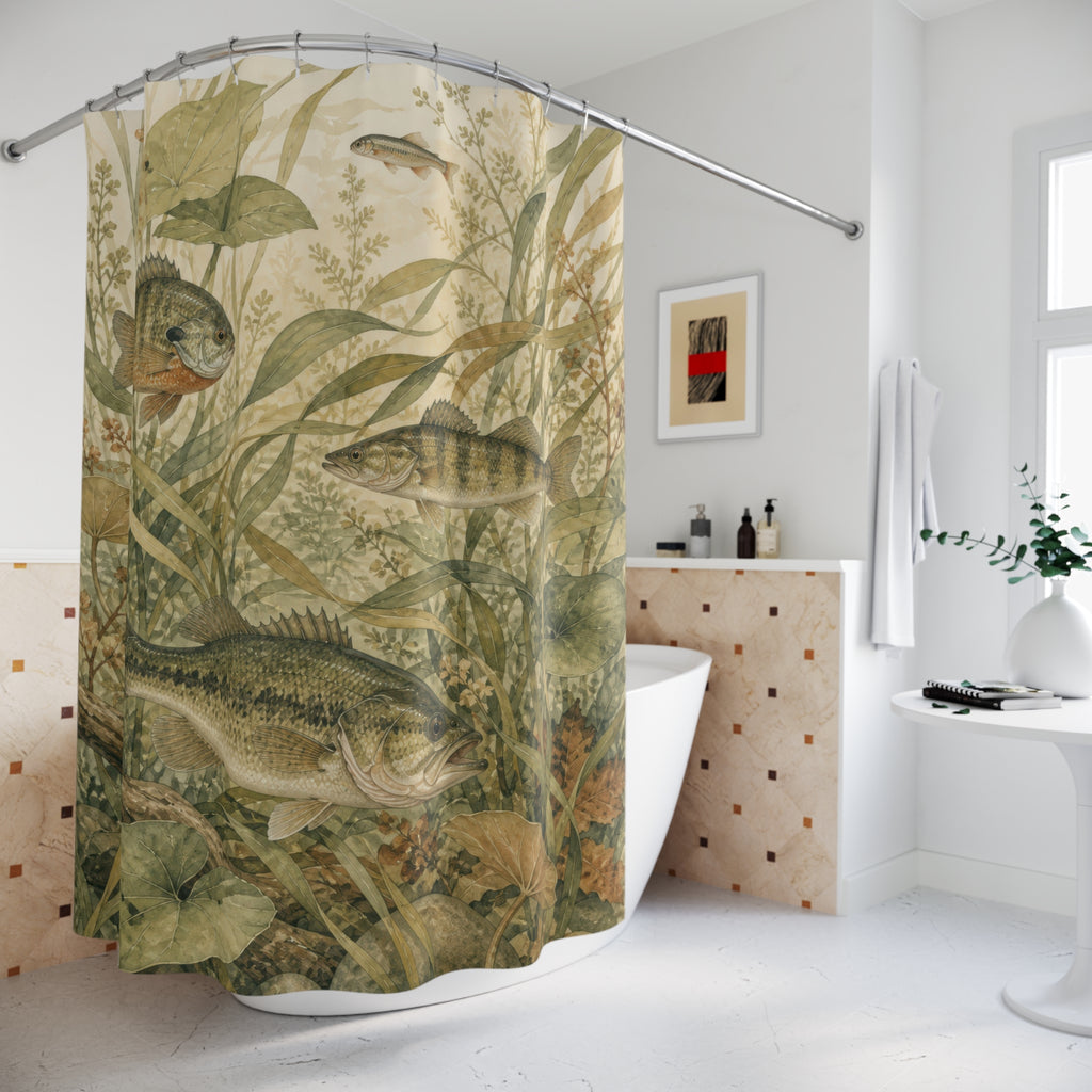 Vintage freshwater fish among sage river grasses and lily leaves shower curtain beside a freestanding tub