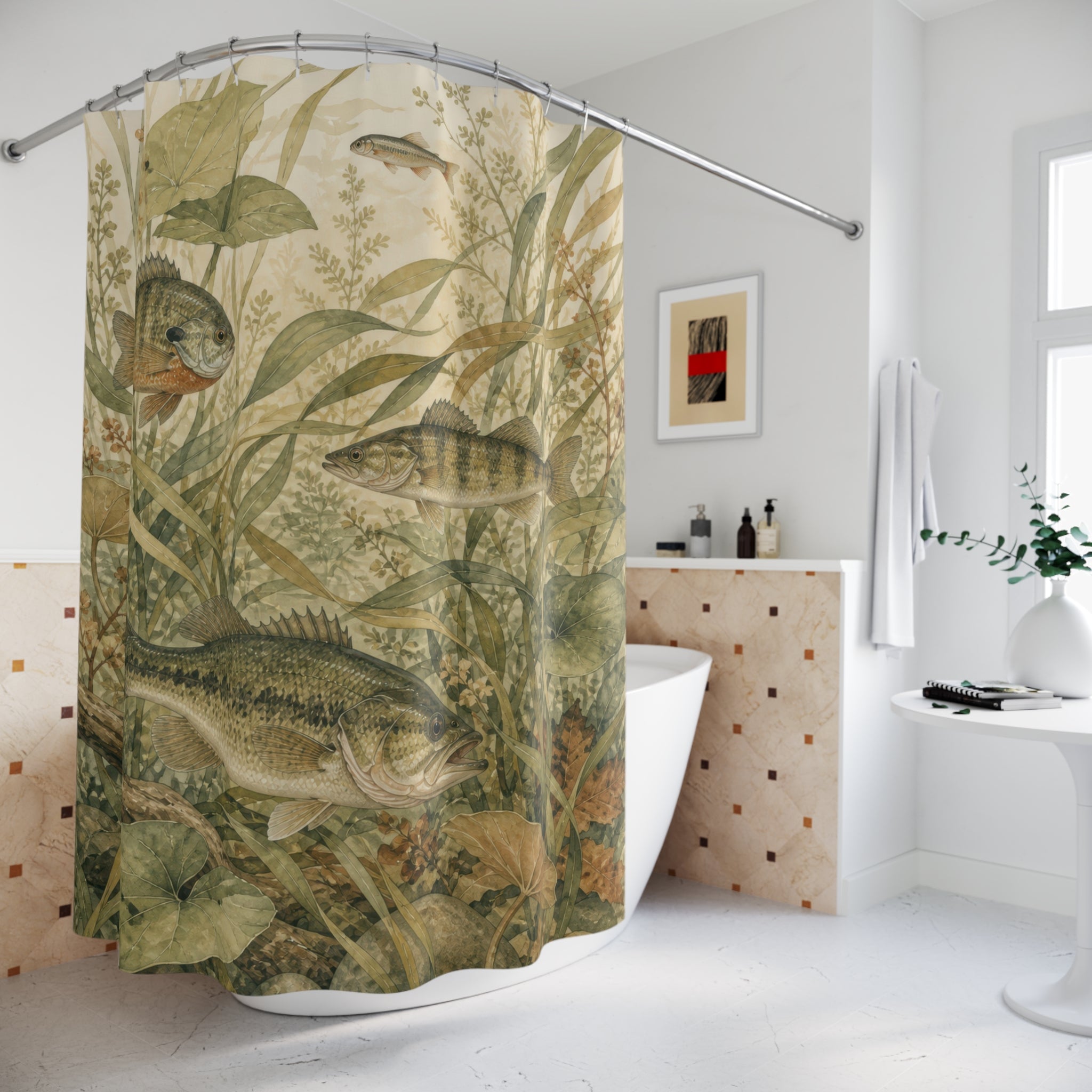 Vintage freshwater fish among sage river grasses and lily leaves shower curtain beside a freestanding tub