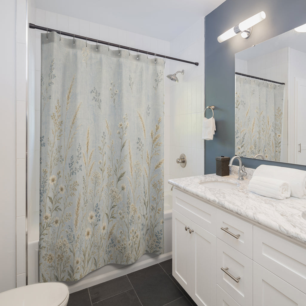 Pale Meadow Floral Blue Shower Curtain