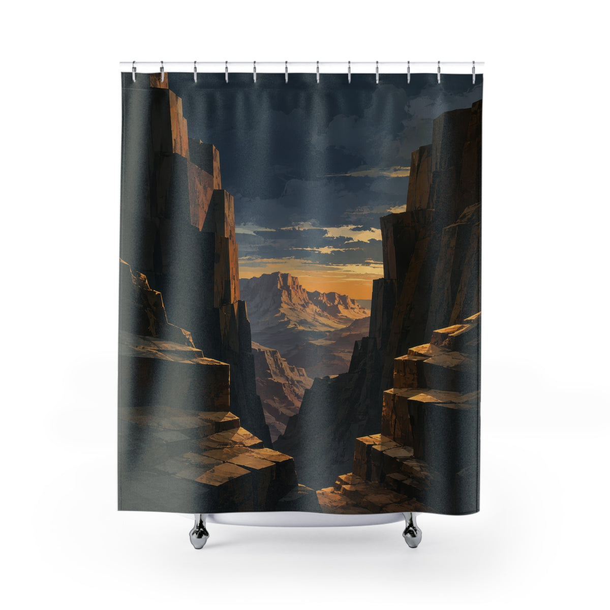 Charcoal desert canyon framing an amber sunset shower curtain with full front view