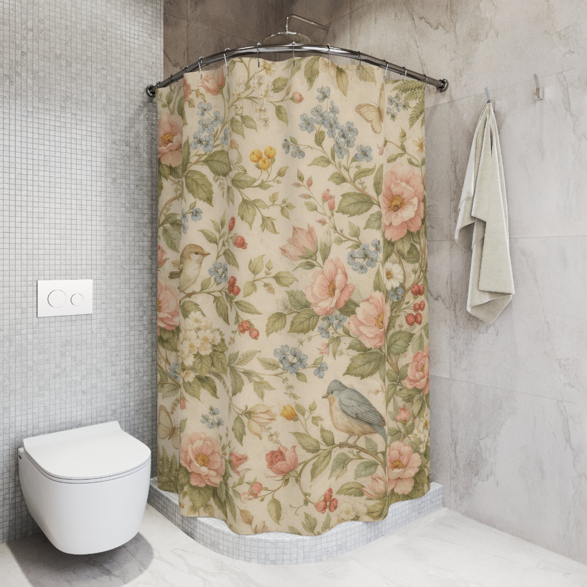 Cottagecore Rose and Bird Shower Curtain – Blush