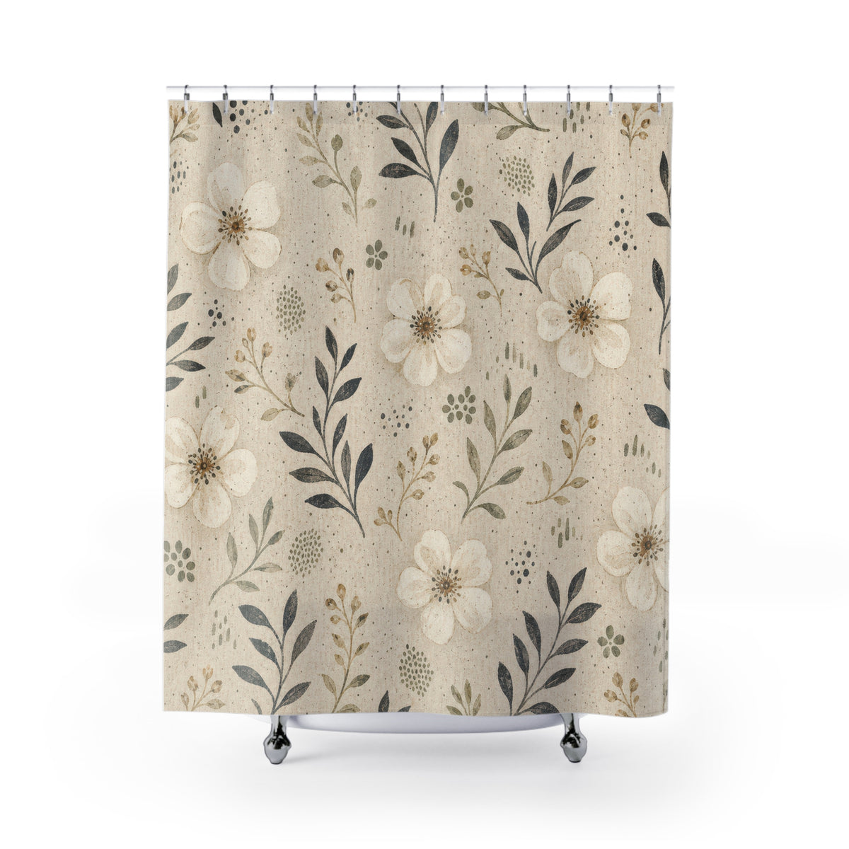 Neutral Stoneware Floral farmhouse cream shower curtain with full front view
