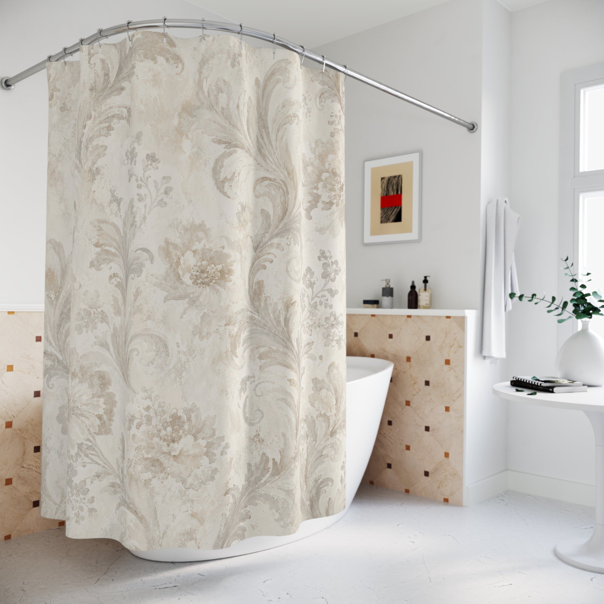Beige Floral Scroll Shower Curtain