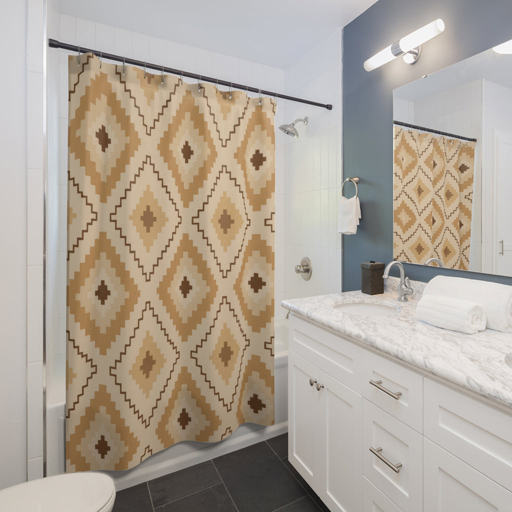 Nested tan and camel stepped diamond geometric pattern shower curtain beside a white vanity