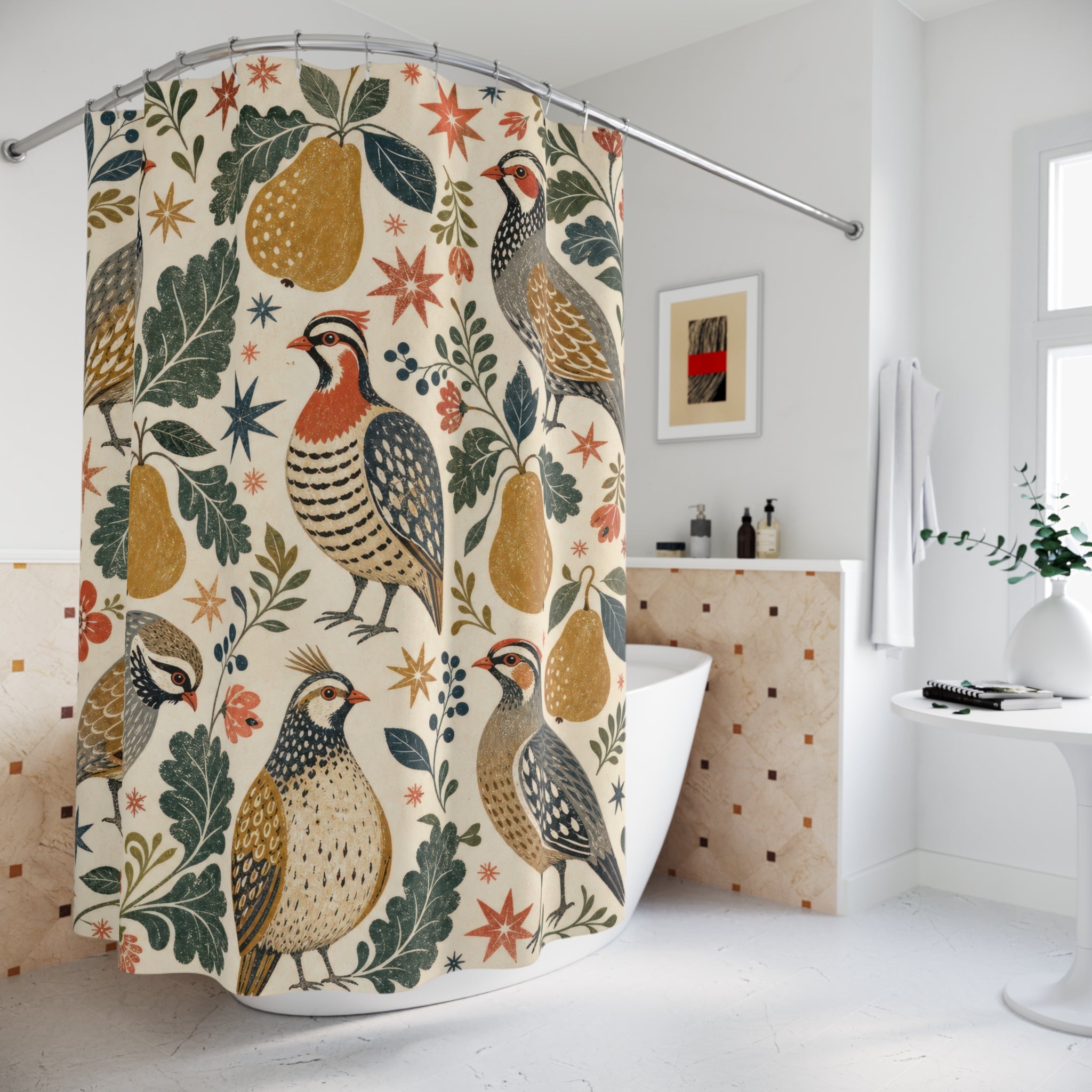 Partridge Christmas Shower Curtain – Folk Art