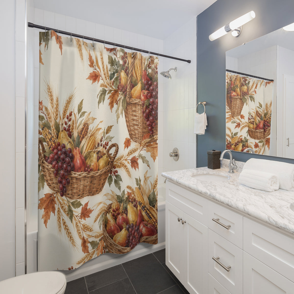 Harvest baskets with corn, pears and grapes on cream shower curtain beside a white vanity