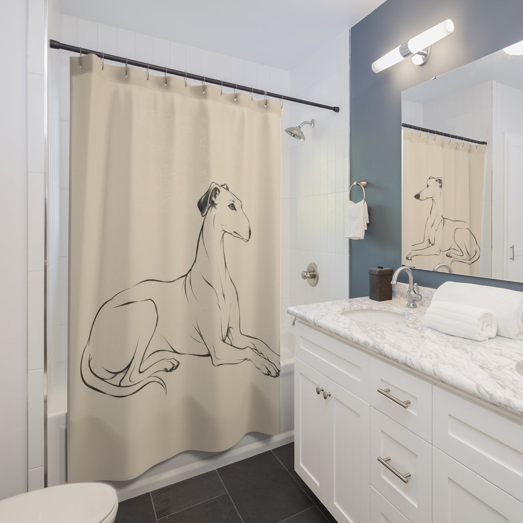 Charcoal contour drawing of a reclining dog on oatmeal shower curtain beside a white vanity