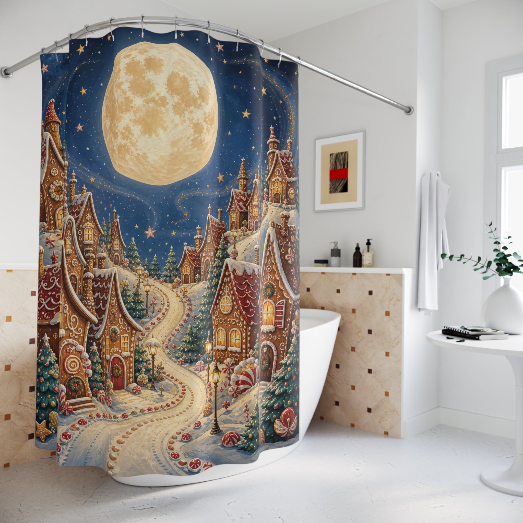 Moonlit gingerbread village with candy cane road shower curtain beside a freestanding tub