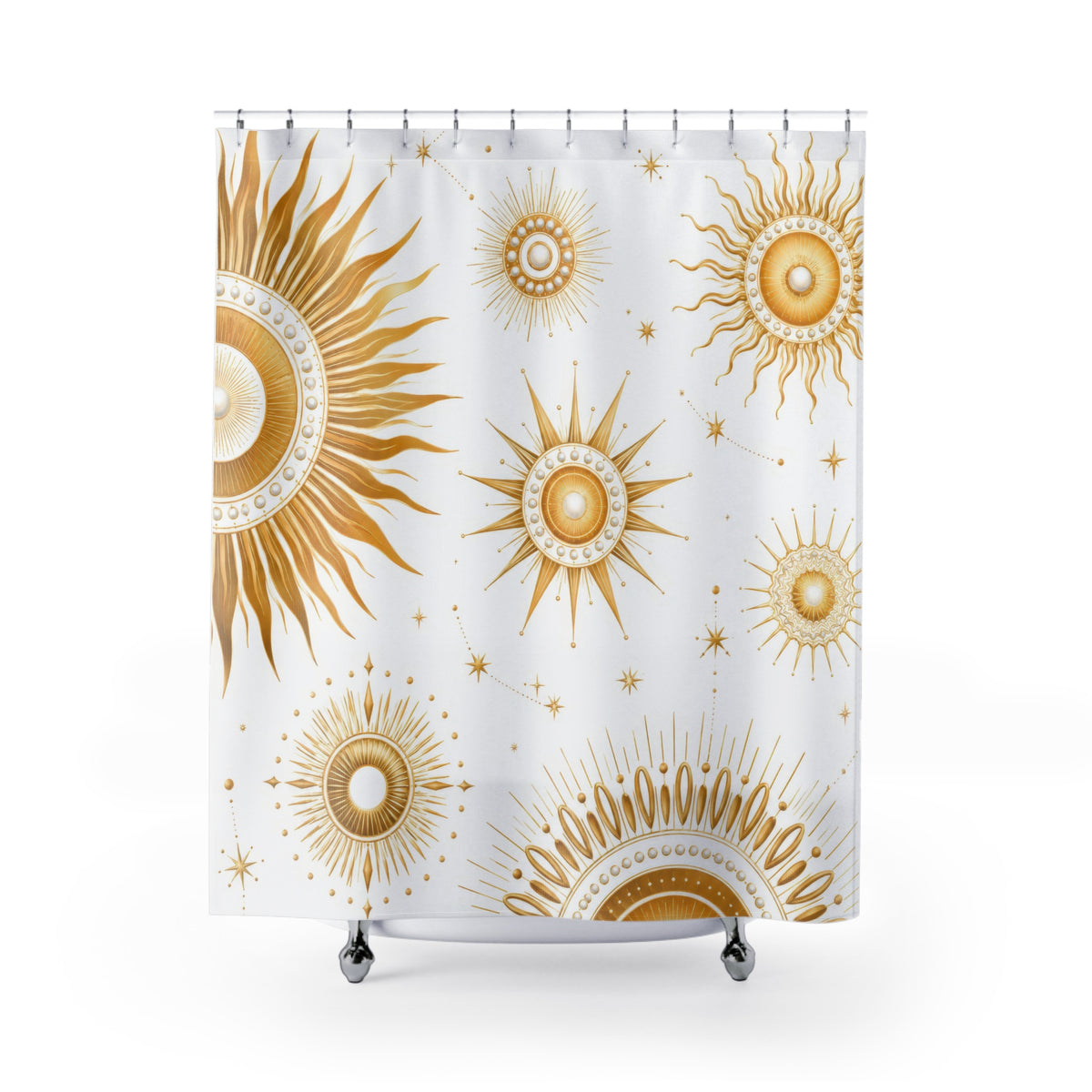Gold sun medallions and starbursts on white shower curtain with full front view
