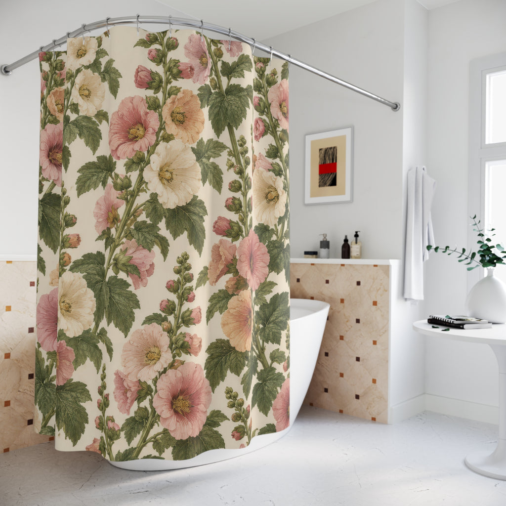 Pink and cream hollyhocks with olive leaves shower curtain beside a freestanding tub