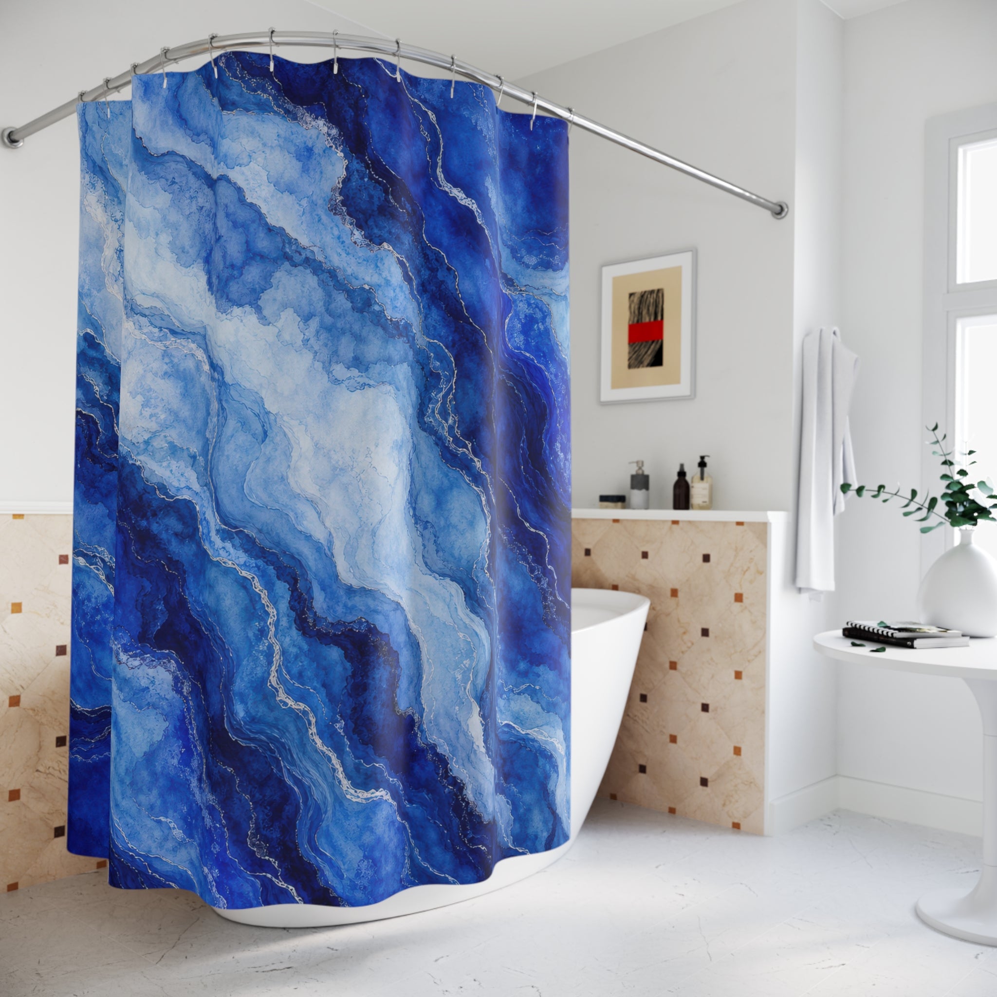 Blue Agate Marble Shower Curtain, Cobalt Blue Modern Bathroom Decor, Abstract Marble Bath Curtain, Guest Bath Decor, Small Bathroom Decor