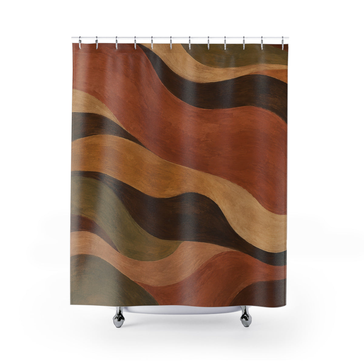 Terracotta and olive flowing bands with dark brown curves shower curtain with full front view