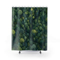 Aerial view of a dense mixed green forest canopy shower curtain with full front view