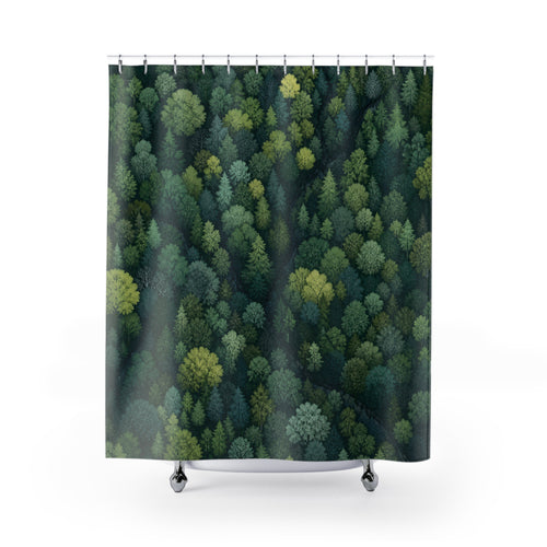 Aerial view of a dense mixed green forest canopy shower curtain with full front view