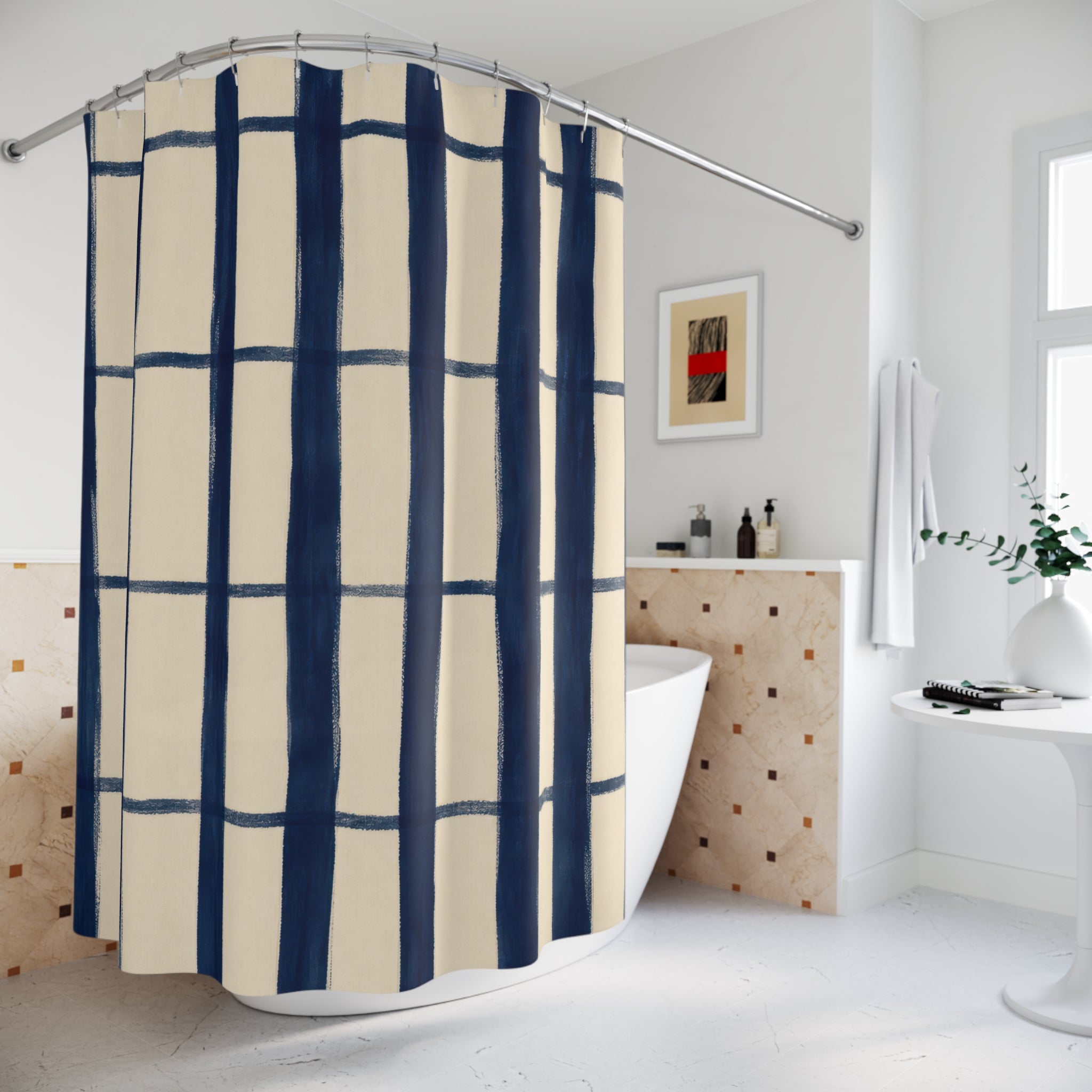 Navy Blue Cream Windowpane Shower Curtain