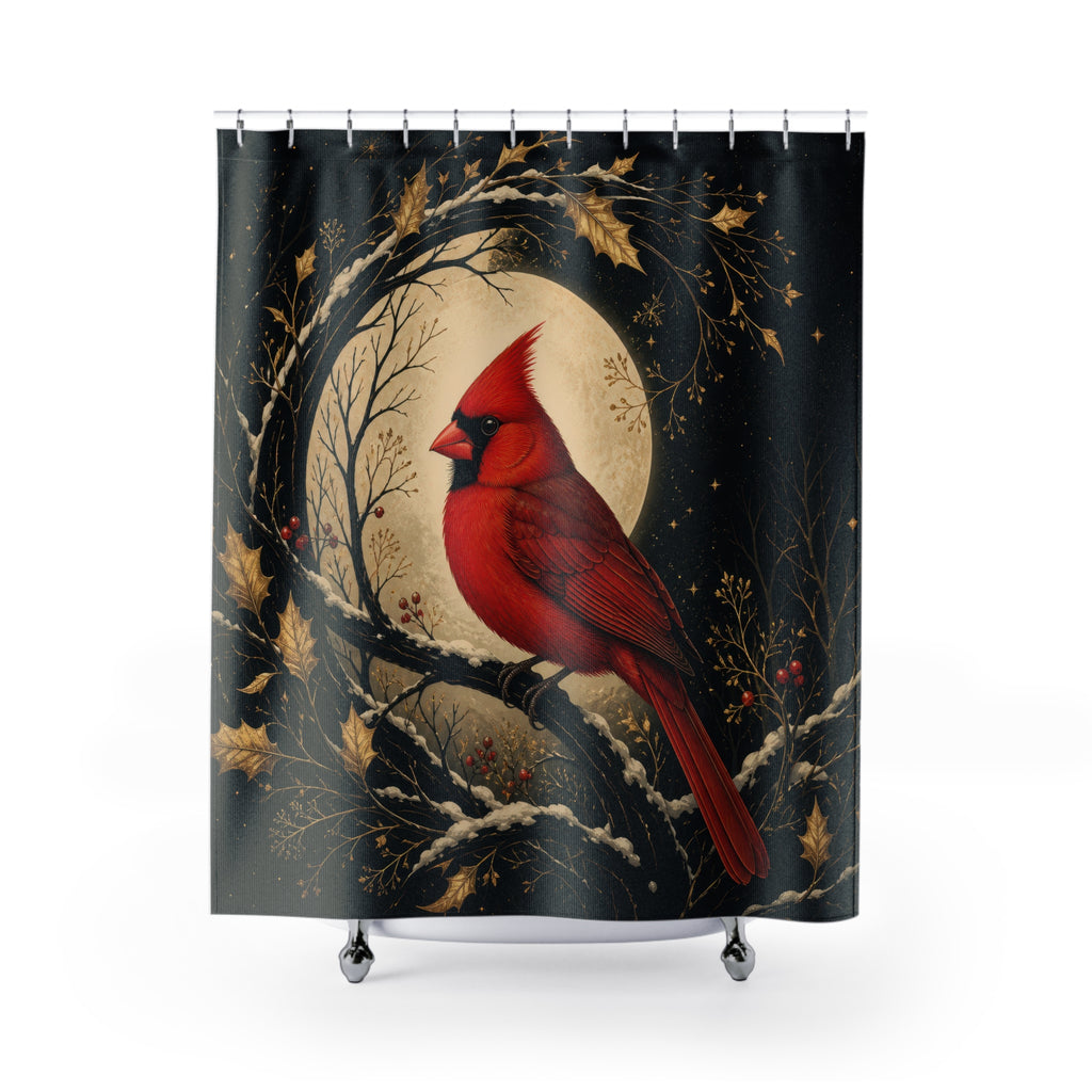 Red cardinal in black and gold moon arch shower curtain with full front view