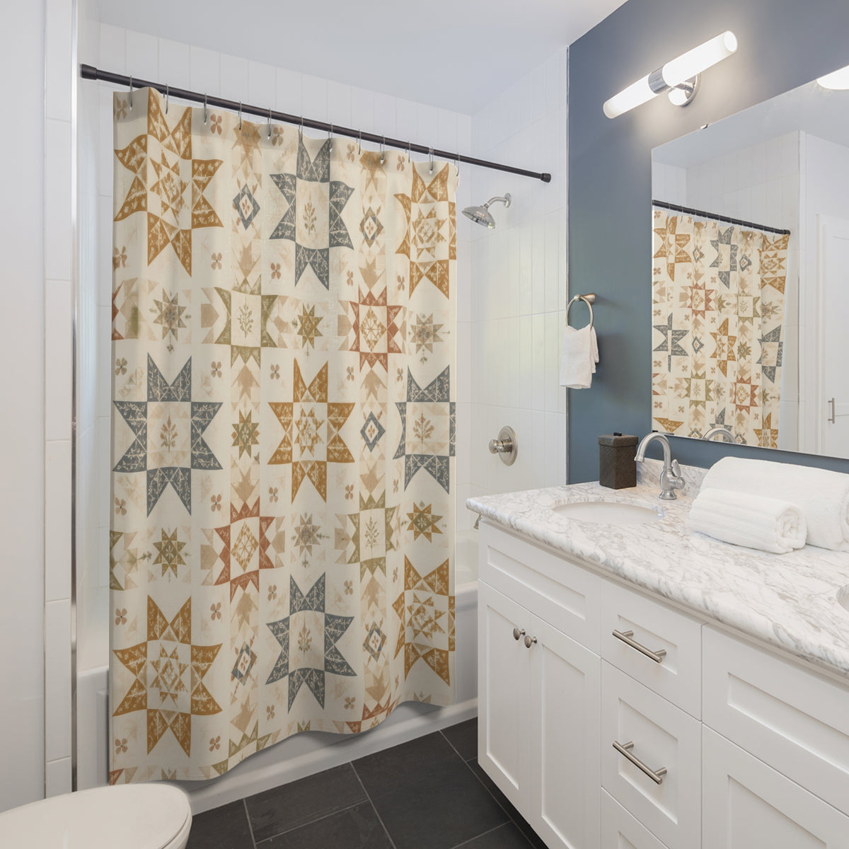 Patchwork Star Quilt Country Farmhouse Blue Folk shower curtain beside a white vanity