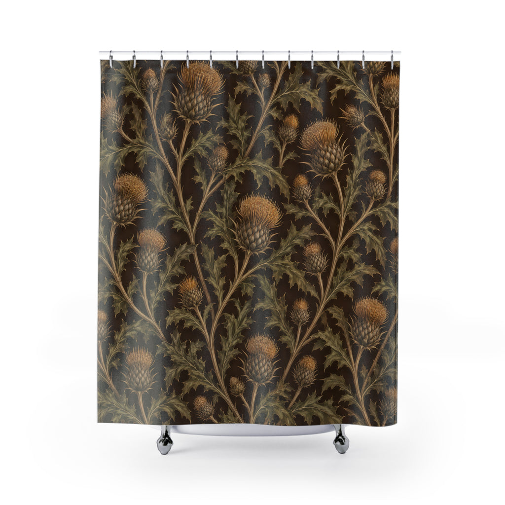 Ochre thistles and olive leaves on deep brown shower curtain with full front view
