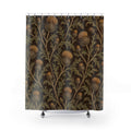 Ochre thistles and olive leaves on deep brown shower curtain with full front view