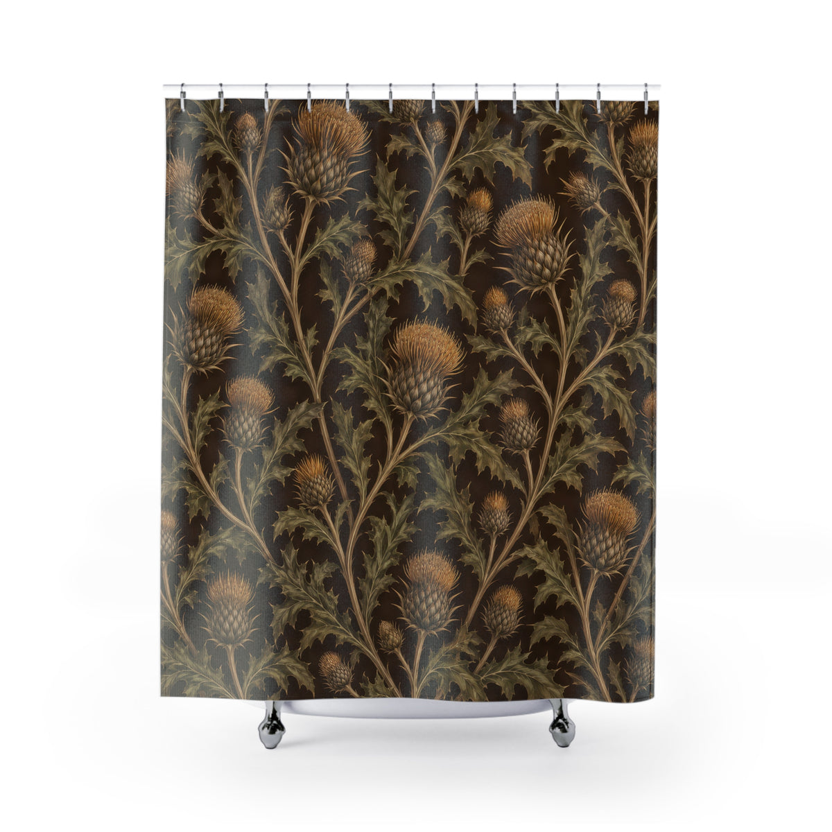 Ochre thistles and olive leaves on deep brown shower curtain with full front view