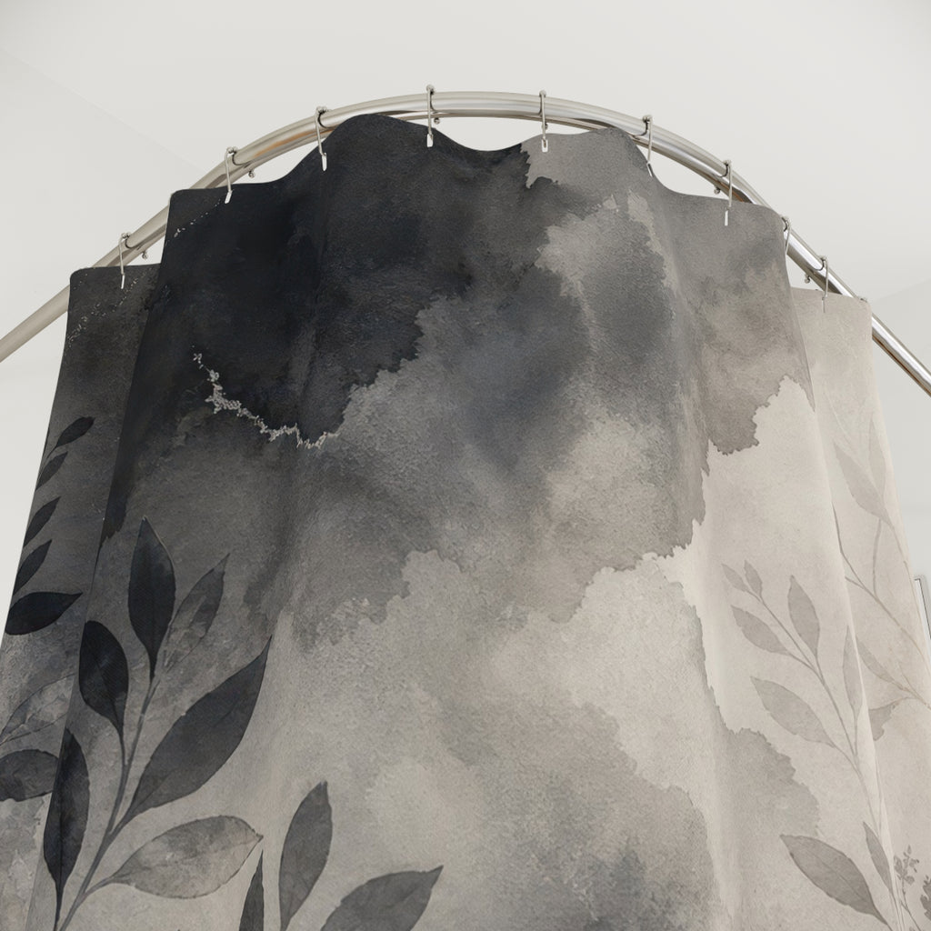 Charcoal Grey Shower Curtain: Botanical Ink Landscape