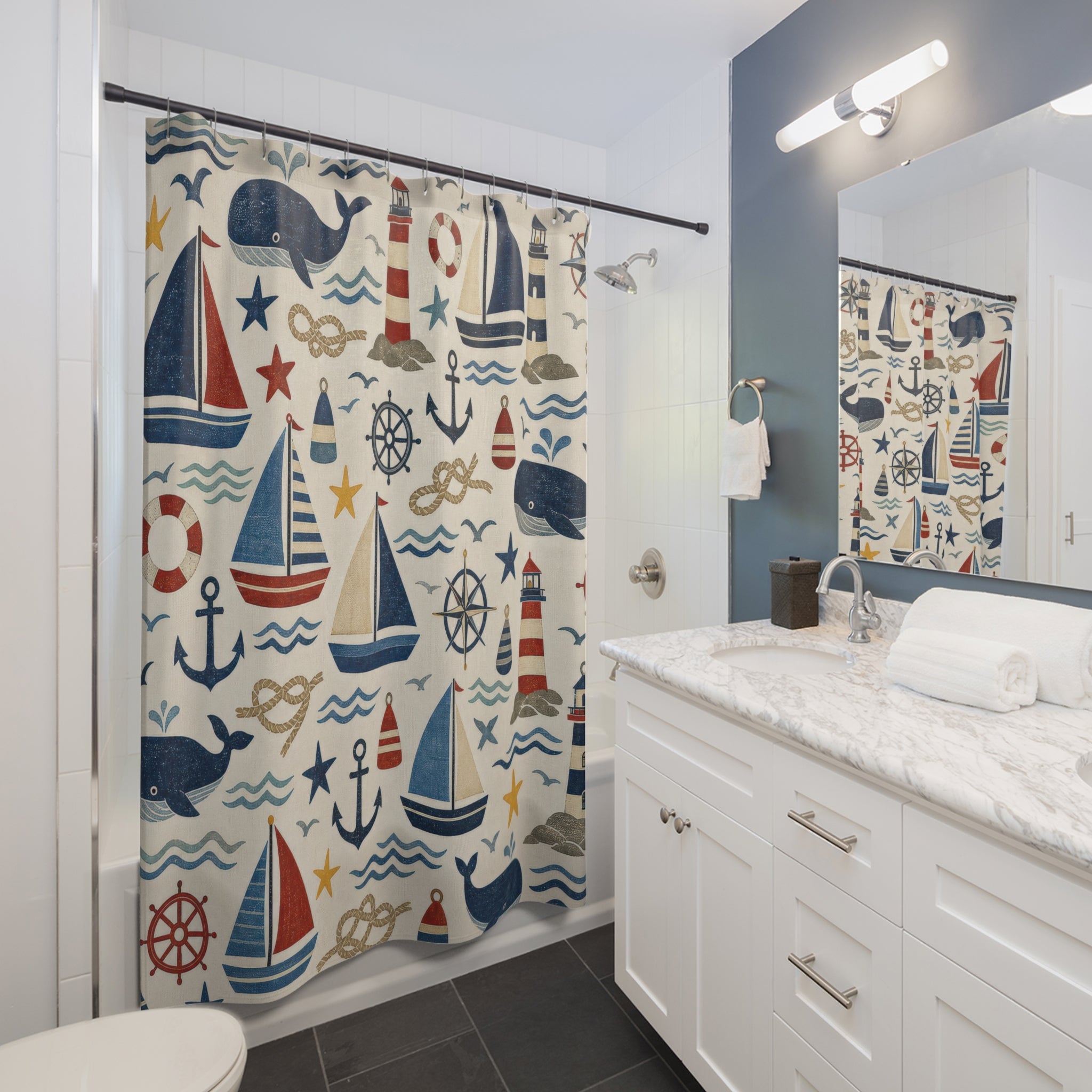 Nautical Kids Shower Curtain, Navy Sailboat Bathroom Decor, Whale Anchor Bath Curtain, Boys Bathroom Decor, Coastal Bath Decor, Kids Bath