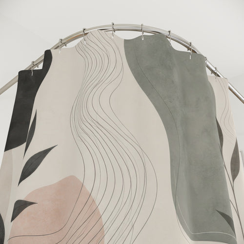 Abstract Botanical sage beige black shower curtain with close-up print, hooks, and folds