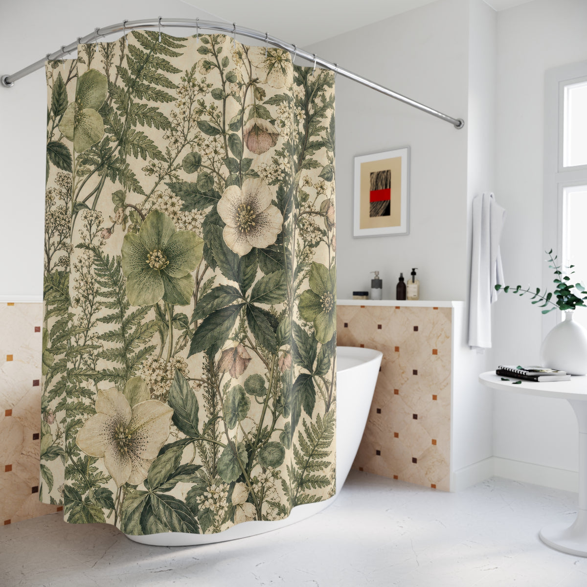 Vintage Fern Floral green botanical shower curtain beside a freestanding tub