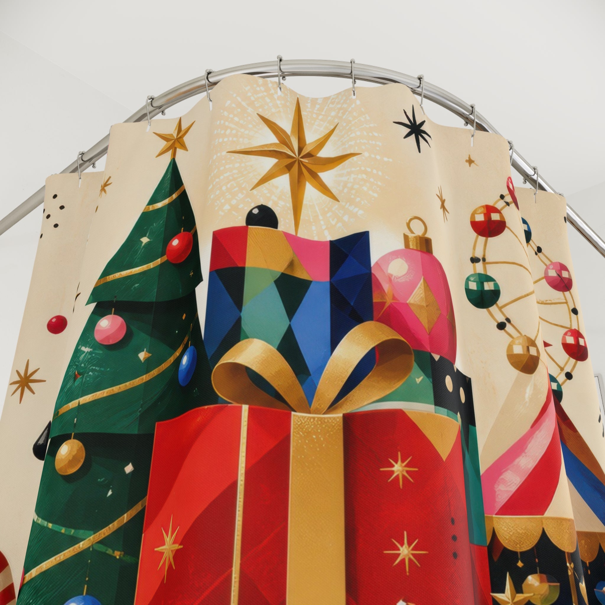 Geometric Christmas gifts with tree and carousel shower curtain with close-up print, hooks, and folds