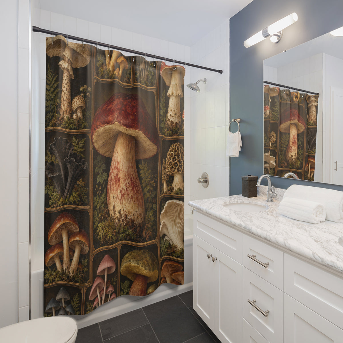 Vintage mushroom specimen grid in brown and ochre shower curtain beside a white vanity