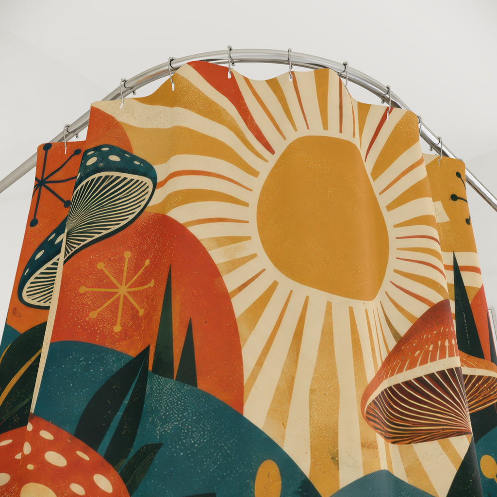 Vintage mushroom garden in orange teal and mustard shower curtain with close-up print, hooks, and folds