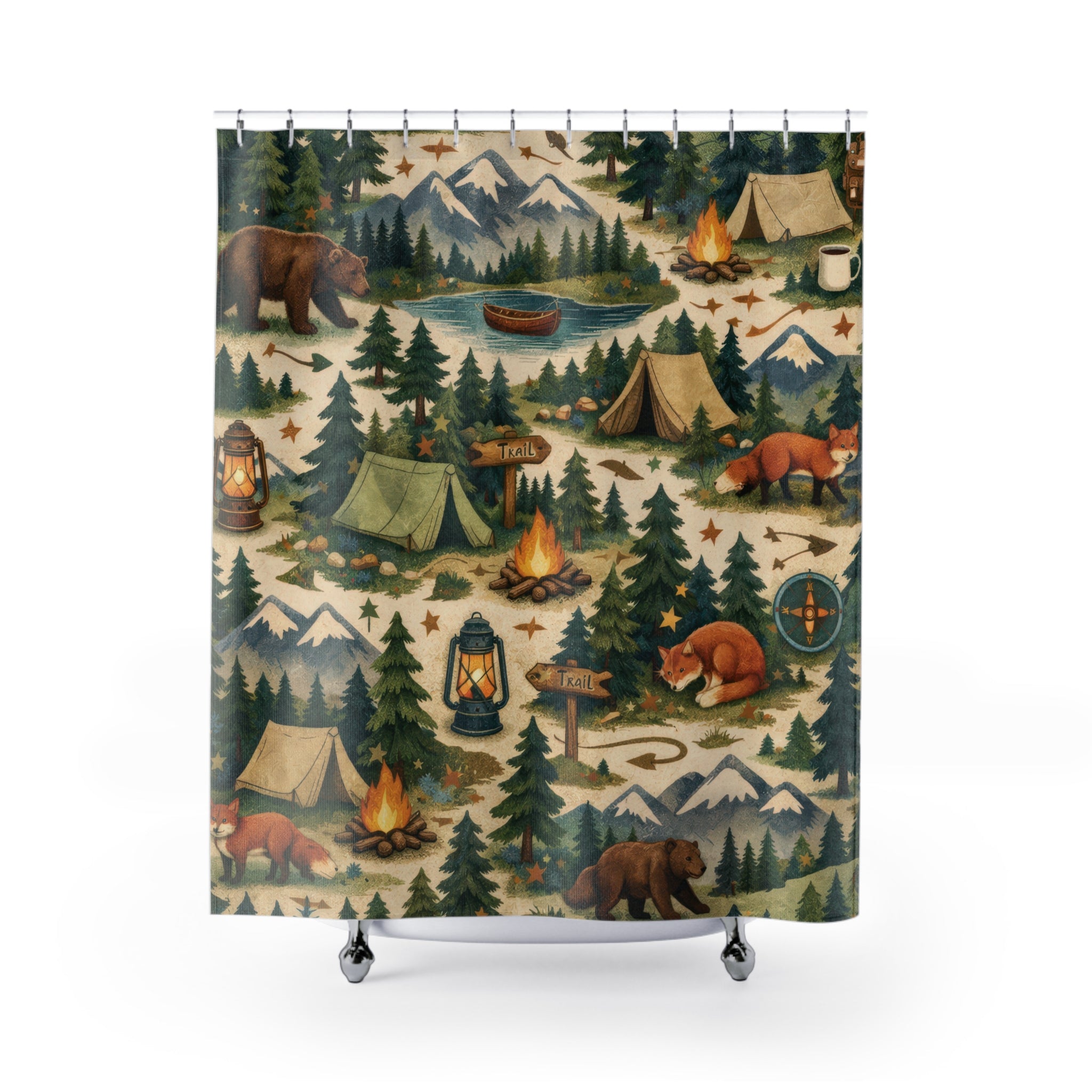 Kids Forest Shower Curtain – Green Woodland Camping