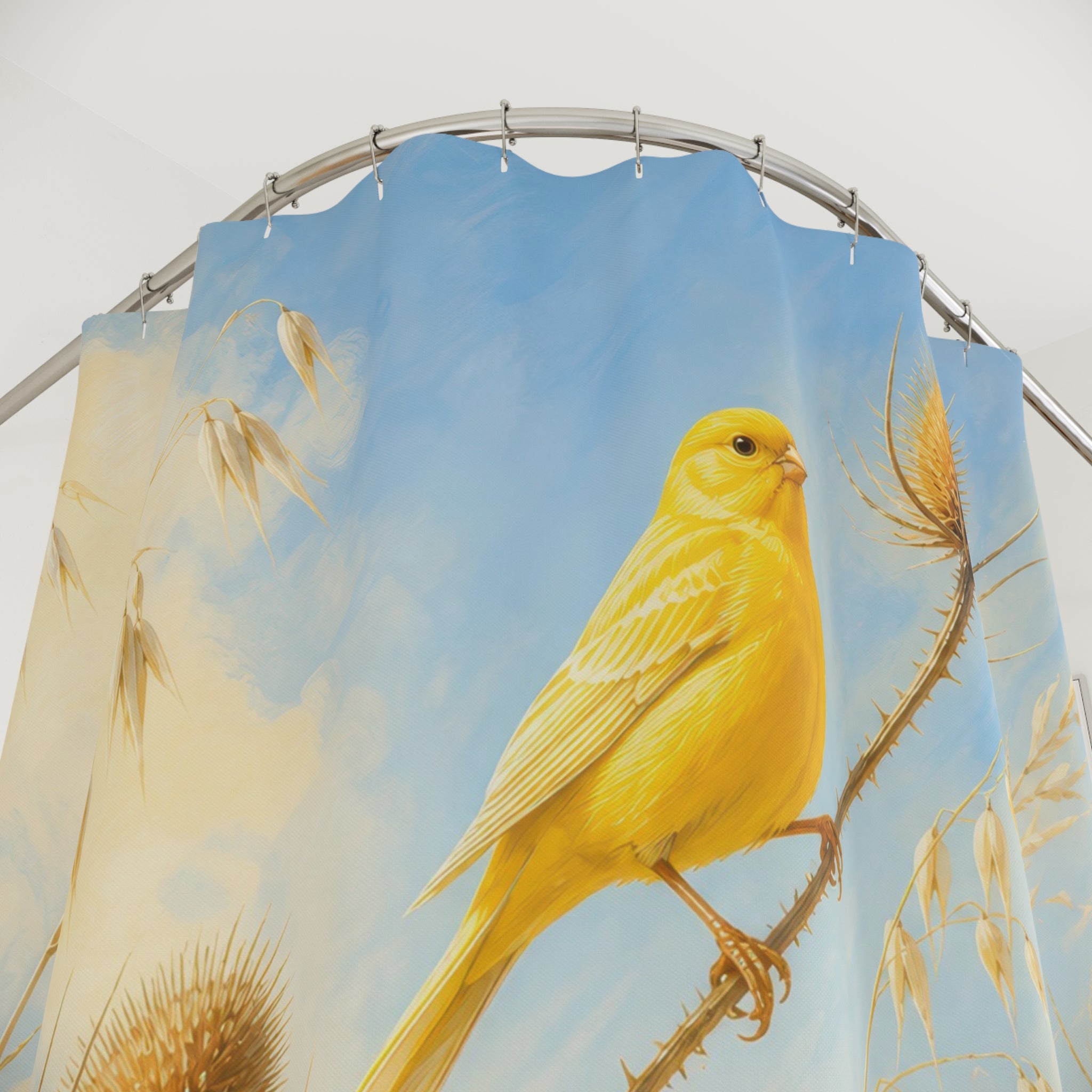 Bright yellow canary among sunlit meadow grasses shower curtain with close-up print, hooks, and folds