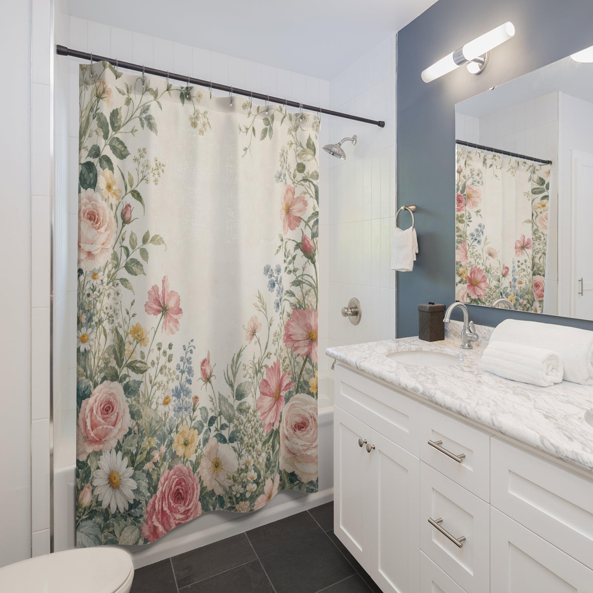 Pink Rose Garden Border Shower Curtain