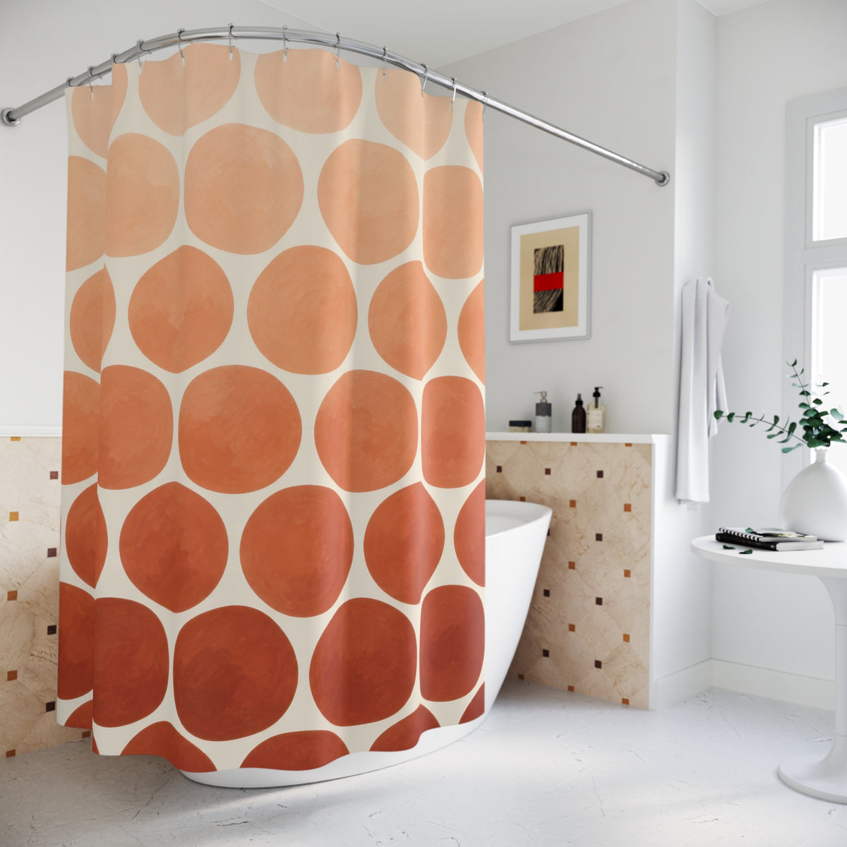 Peach to terracotta ombre dots on ivory shower curtain beside a freestanding tub