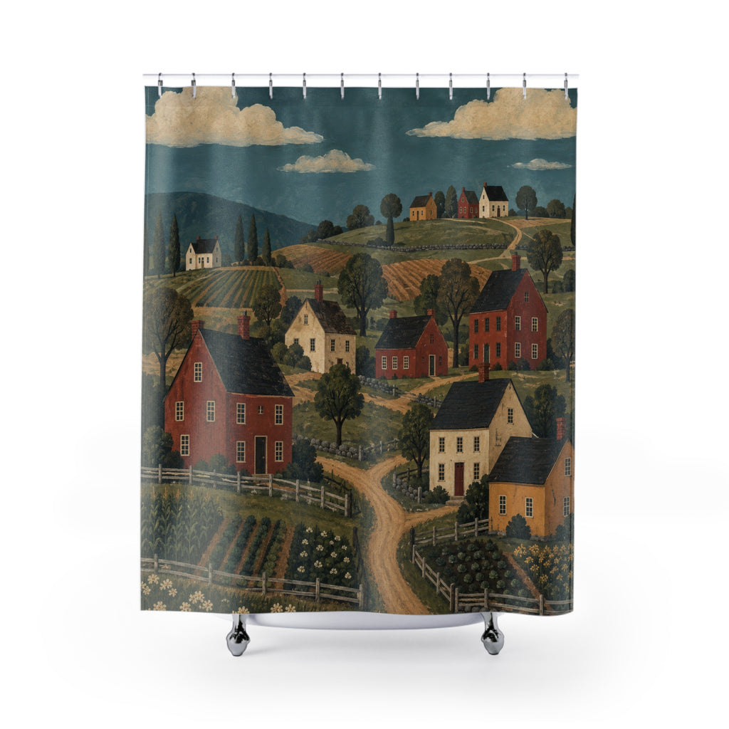 Red and cream saltbox houses among green fields and ochre paths shower curtain with full front view