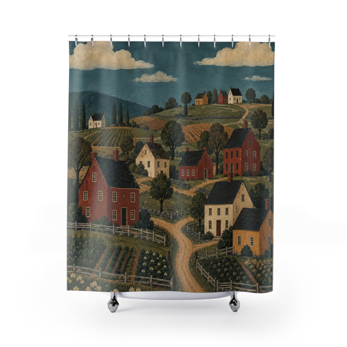 Red and cream saltbox houses among green fields and ochre paths shower curtain with full front view