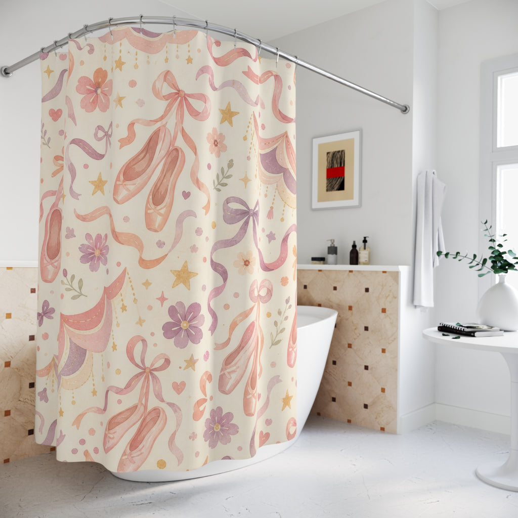 Kids Ballet Shower Curtain, Pink Pointe Shoe Bow Pattern, Dance Bathroom Decor, Soft Nursery Girls Wall Decor Guest Bath Wall Gift