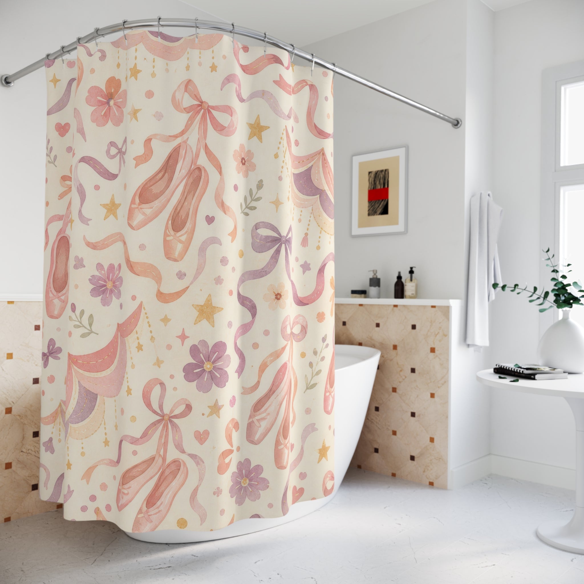 Kids Ballet Shower Curtain, Pink Pointe Shoe Bow Pattern, Dance Bathroom Decor, Soft Nursery Girls Wall Decor Guest Bath Wall Gift