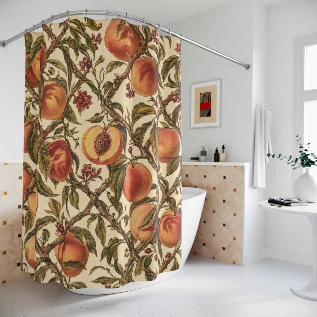 Peaches and olive leaves in a cream botanical trellis shower curtain beside a freestanding tub