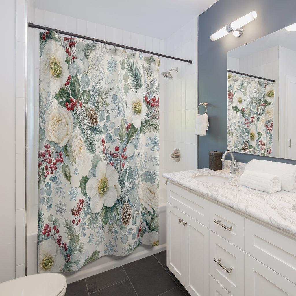 White Winter Flower Shower Curtain