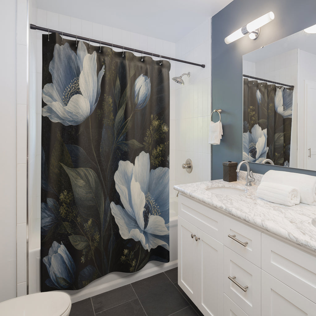 Dark Navy Flower Blue Floral Shower Curtain
