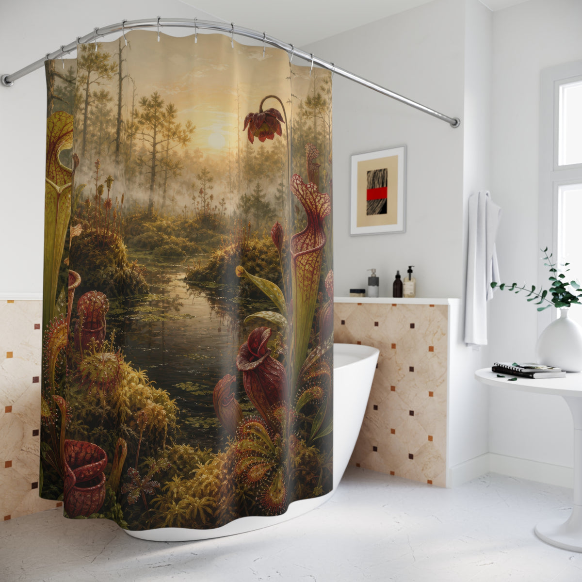 Sundews and pitcher plants growing in a luminous bog shower curtain beside a freestanding tub