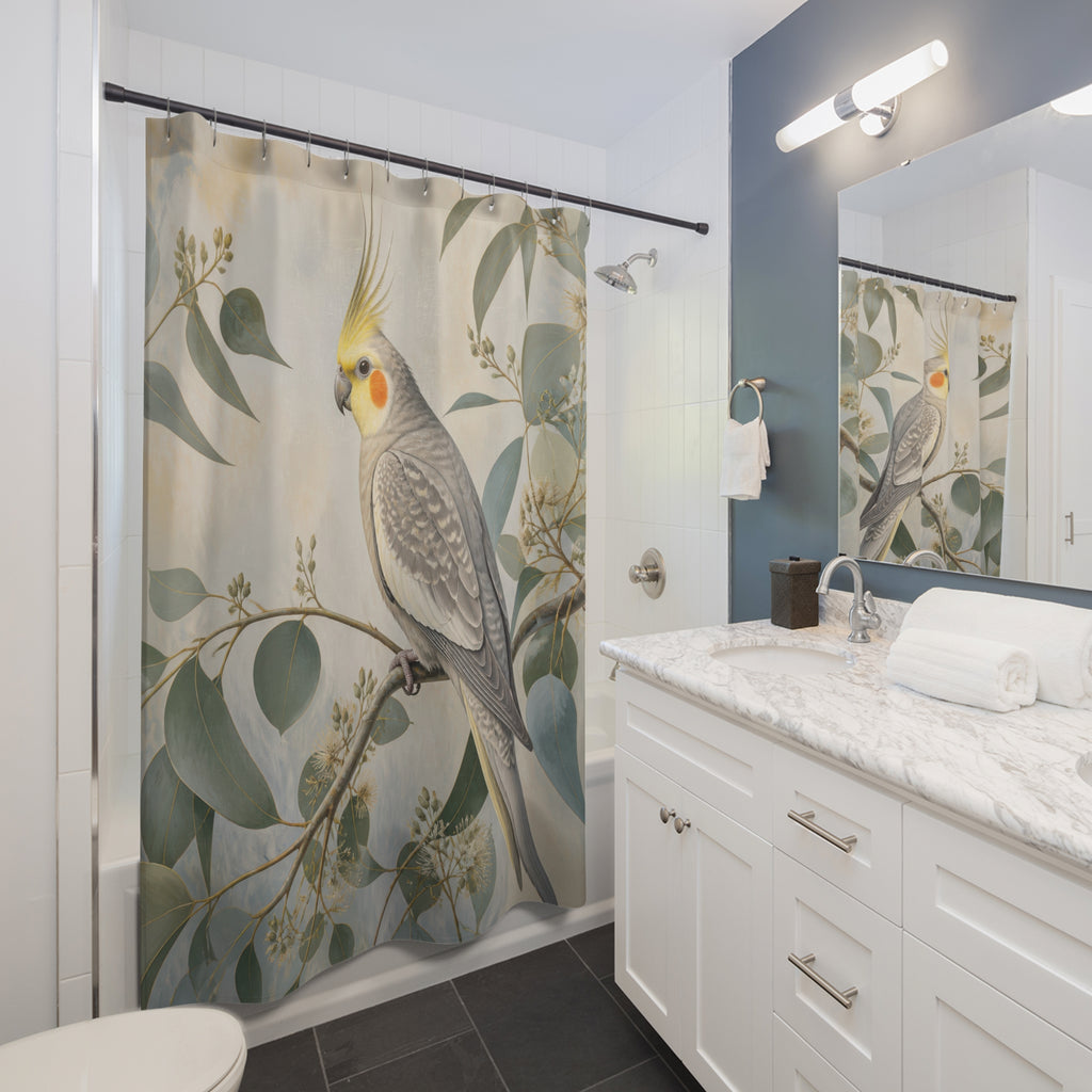 Grey cockatiel among sunlit eucalyptus leaves shower curtain installed beside a white vanity
