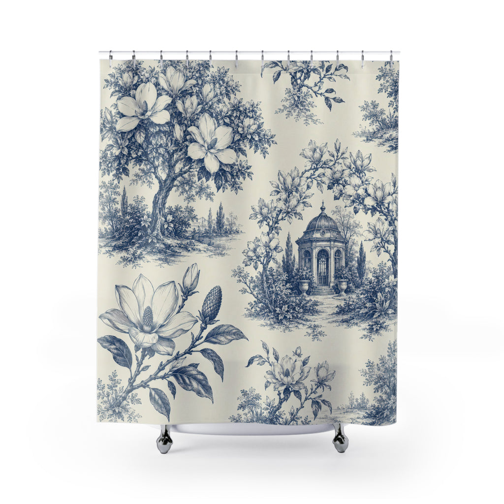 Blue and ivory magnolia garden toile with pavilion shower curtain with full front view